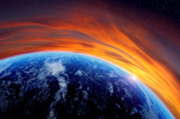 Earth from space with starry sku and sunrise